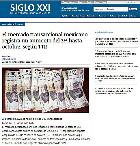 El mercado transaccional mexicano registra un aumento del 3% hasta octubre, segn TTR